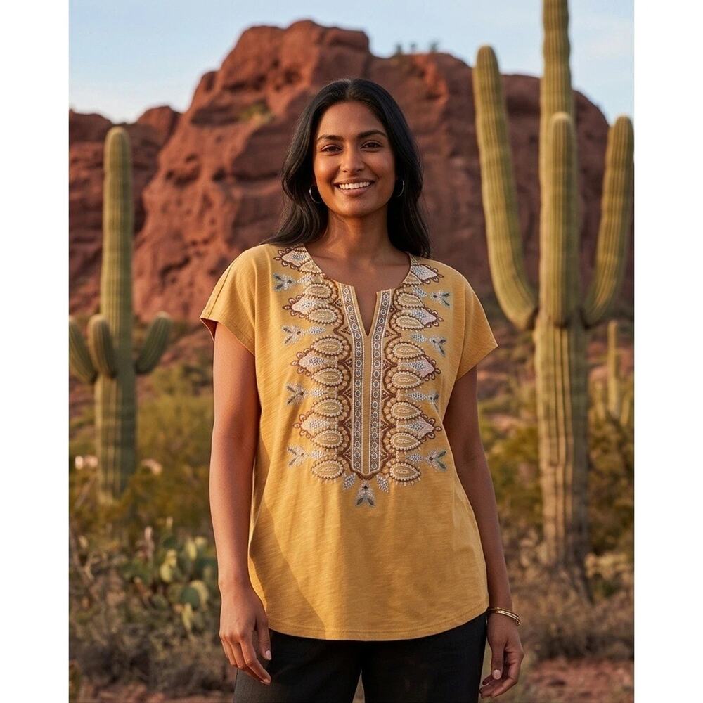 J. Jill Pure Jill Embroidered Cap Sleeve Tee M Mustard Yellow Cotton Split Neck